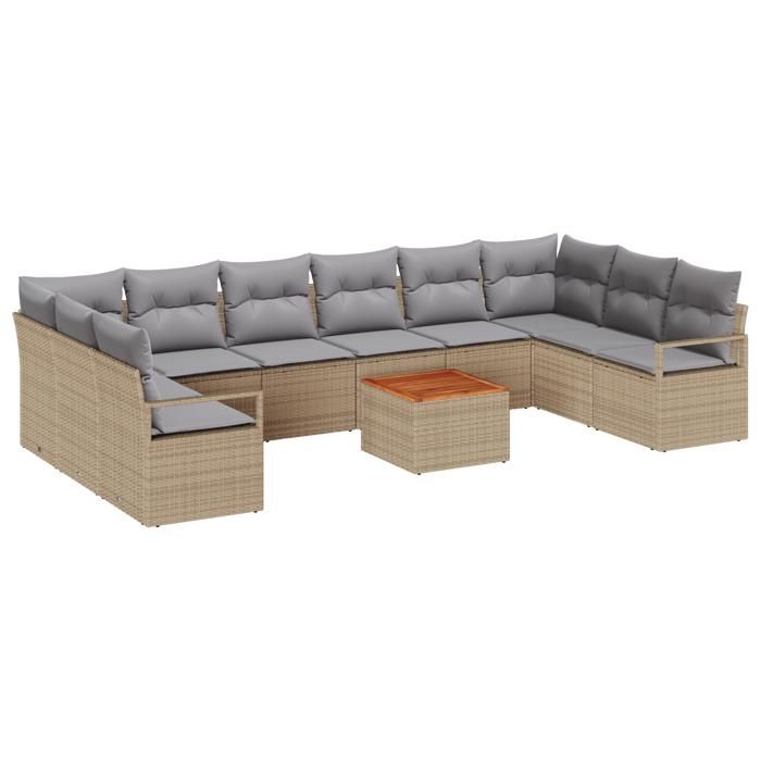 Ensemble de canapés de jardin vidaXL 11 pièces avec coussins beige poly rotin acacia, Canapé de jardin 2 places vidaXL356425