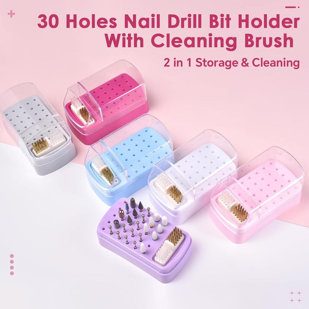 2 in 1 Nail Drill Bit Holder & Nail Drill Bit Cleaner Brush Case 30 Holes Dustproof Nail Drill Bit Display Stand Organizer Box Manicure Drill Bits