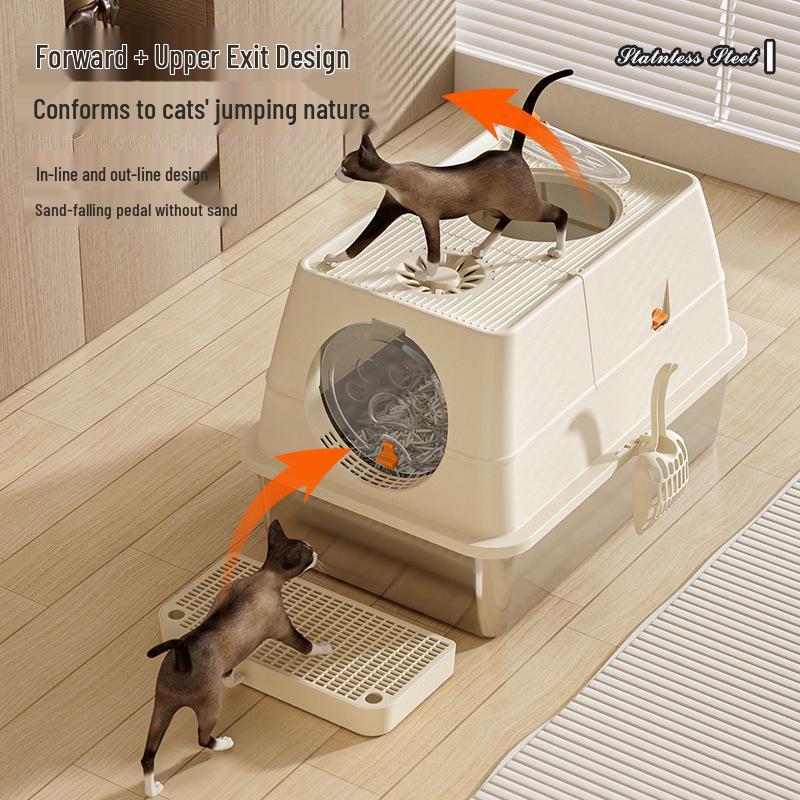 Stainless Steel Top-Entry High-Sided Cat Litter Box with Flip-Top and Anti-Splash Design