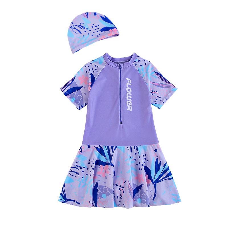 Women's One-Piece Swimsuit with Chest Pads and Swim Cap - Suitable for Students, Children, Hot Springs, and Beach Wear.