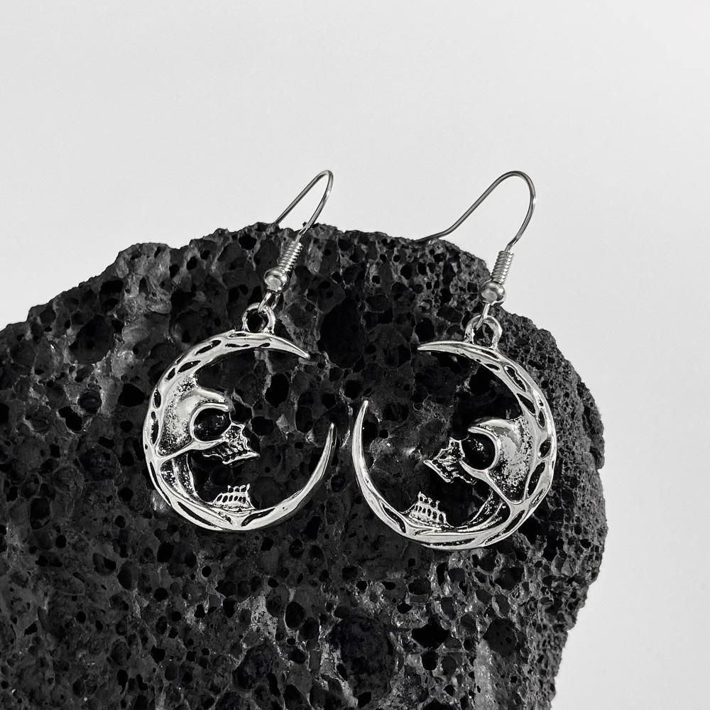 Moon Ghost Ear Studs Metal Skull Dangle Earrings Retro Halloween Earrings  Party