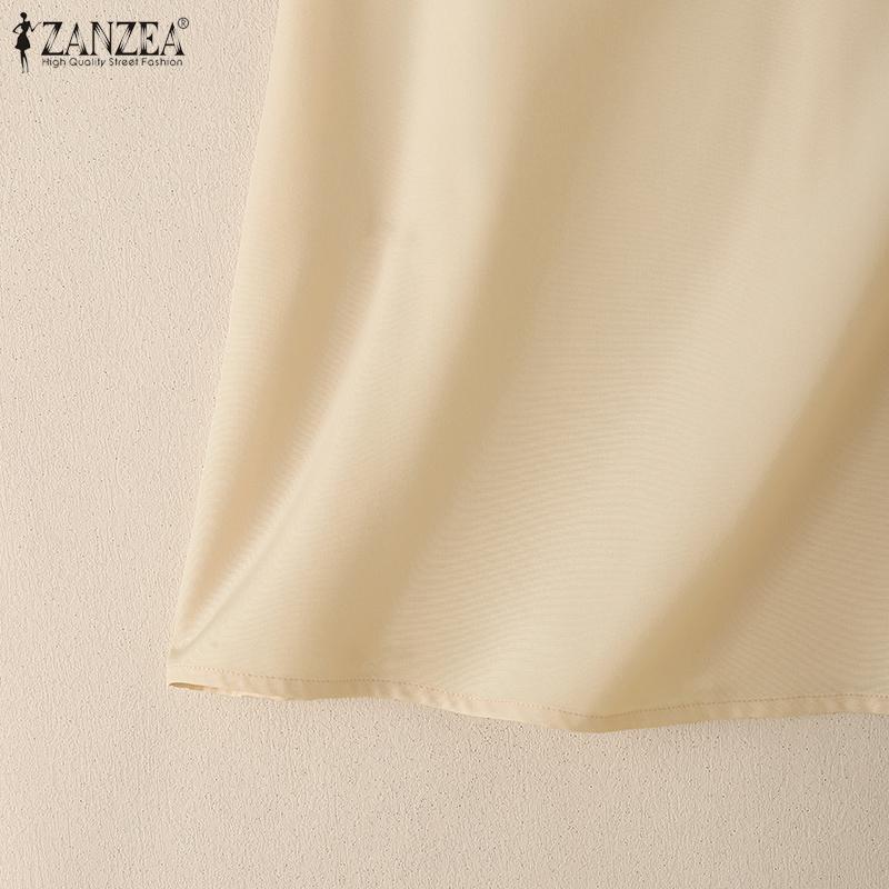 ZANZEA Kobiety Casualowy Dekolt V Falbany Rękaw Jednolity Kolor Letnia Bluzka