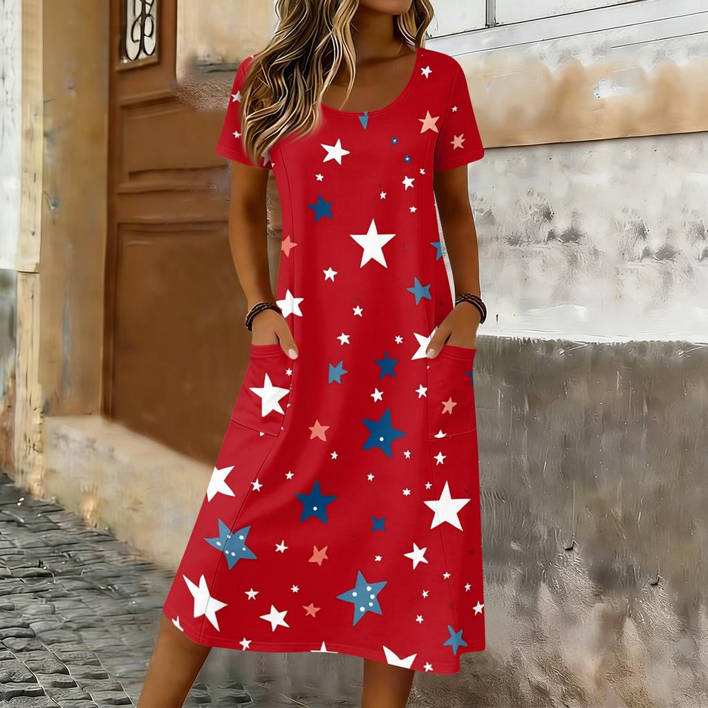 Damen Sommer Maxikleid mit kurzen Ärmeln, lockerem Schnitt, Stern- und Streifenprint, lässig, Rundhalsausschnitt, mit Taschen