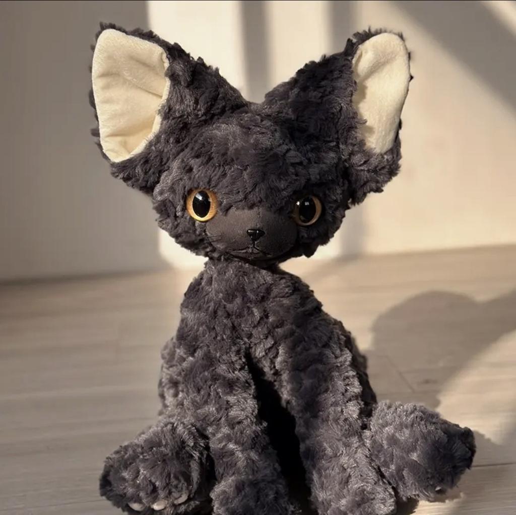 Cute Black Cat Plush Toy Throw Pillow Khaki Curly KUKI Black Cat Long Hair Doll Stuffed Animals Festive Gifts for Kids Birthday