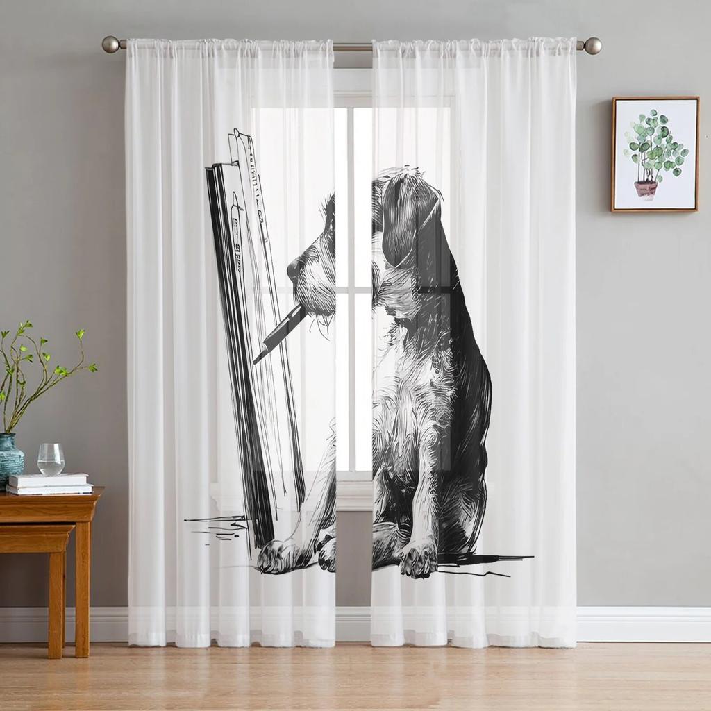 Handgezeichnete Tüllvorhänge mit Hunden für Wohnzimmer, transparenter Vorhang für Schlafzimmer, Jalousien, Voile-Vorhänge