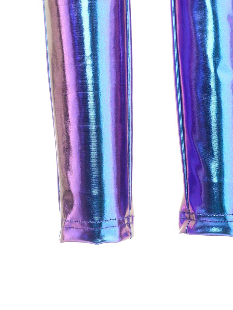 Girls Metallic Gloss Alien Cosplay Jumpsuit Ruffled Flying Sleeve Patchwork Back Invisible Zipper Leotard