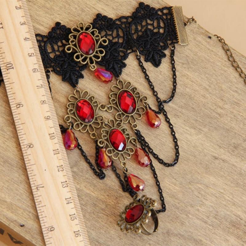 Vintage Spitzenarmbänder Schwarze Spitze Gothic-Armbänder Spitzen-Handschmuck für Damen und Mädchen Kristall Cosplays Anhänger Schmuck