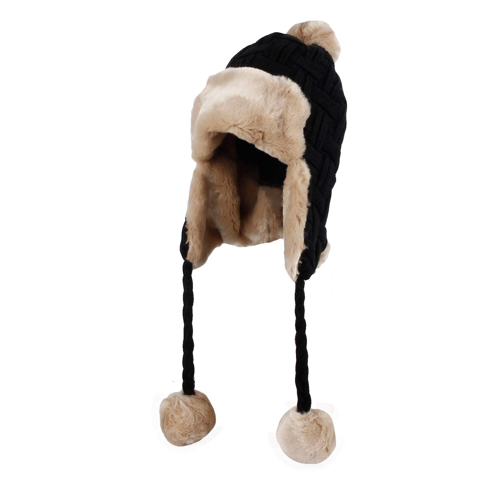 

Теплая зимняя вязаная шапка с ушками и меховой подкладкой Moons FZ70022 (черный) Помпоны, Дизайн под плетение, чёрный