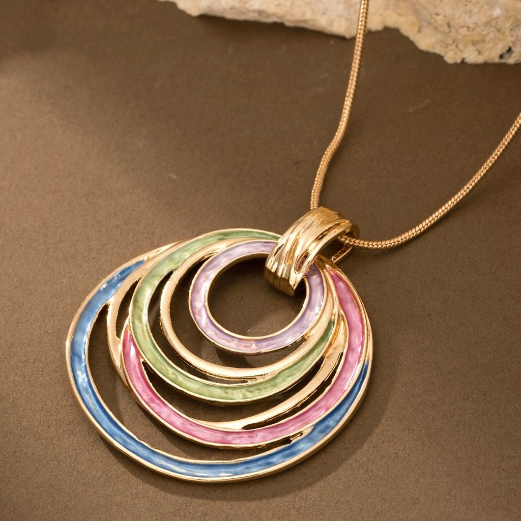 Retro Böhmisk Dam Justerbart Geometriskt Runt Ihåligt Hänghalsband Legering Emaljsmycken med KC Guldplätering, Flerfärgade Alternativ för