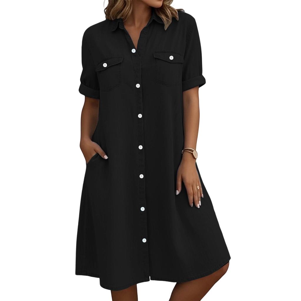 Women’s Button Down Shirt Dress with Short Sleeves Front Pockets Casual Loose Fit Tunic Knee Length