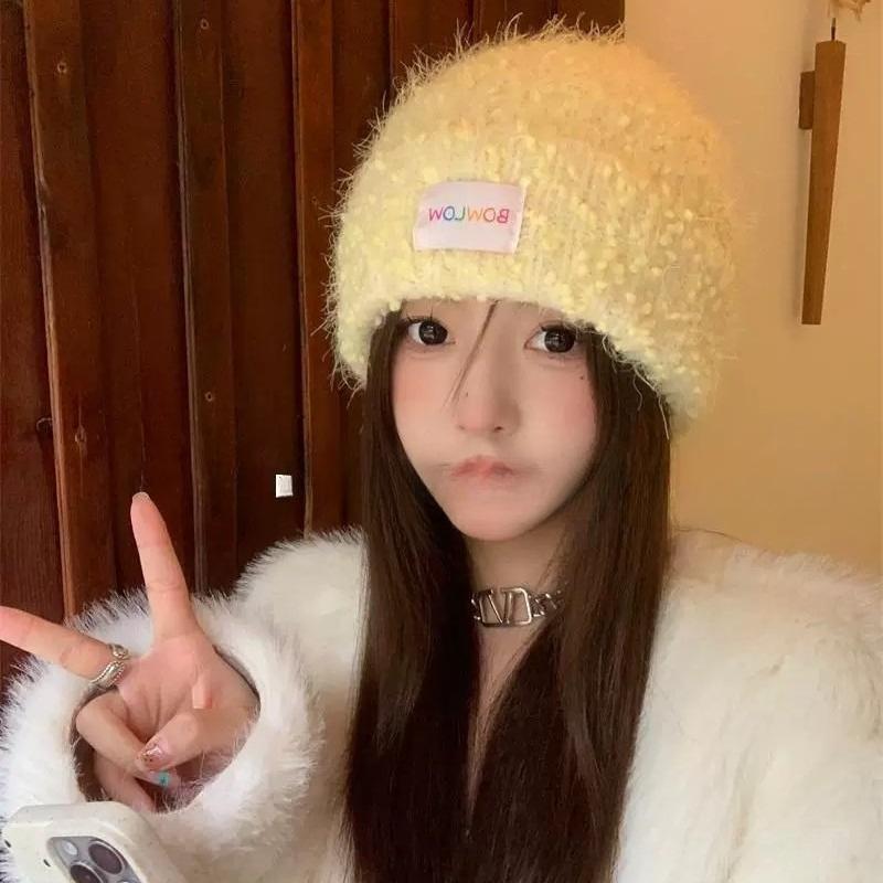 Red Woolen Hat for Women In Autumn and Winter Furry  Warm and Cold Proof Ear Protection Knitted Hat Sweet and Versatile Plush Hat