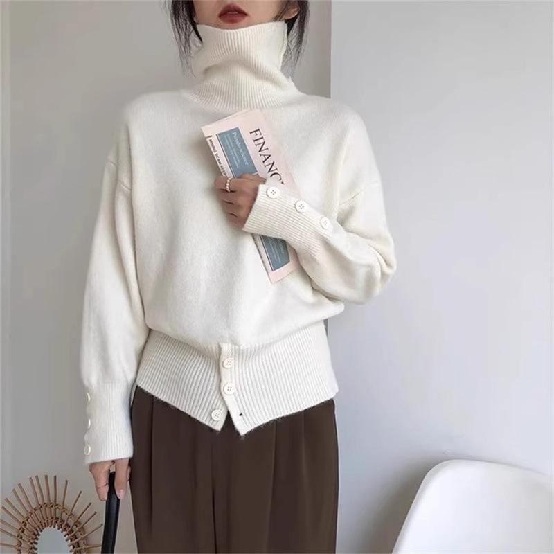 Retro High Neck Button Sweater: Women's Autumn/Winter Solid Color Knit with Slit