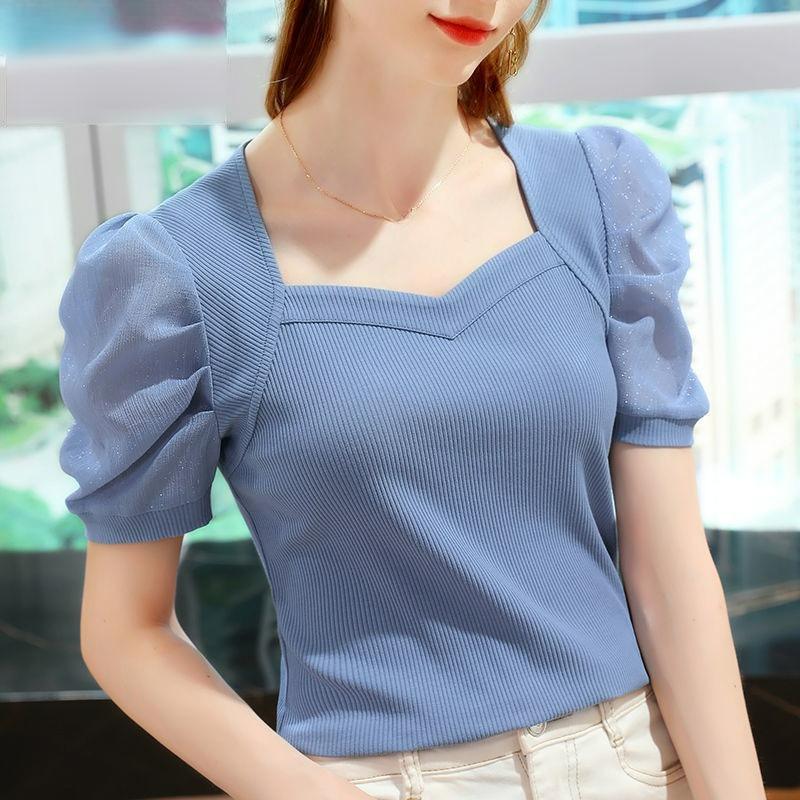 

Ice Silk T-shirt Women s Summer Short-sleeved T-shirt French Palace Style Puff Sleeve Top Trend 4XL синій