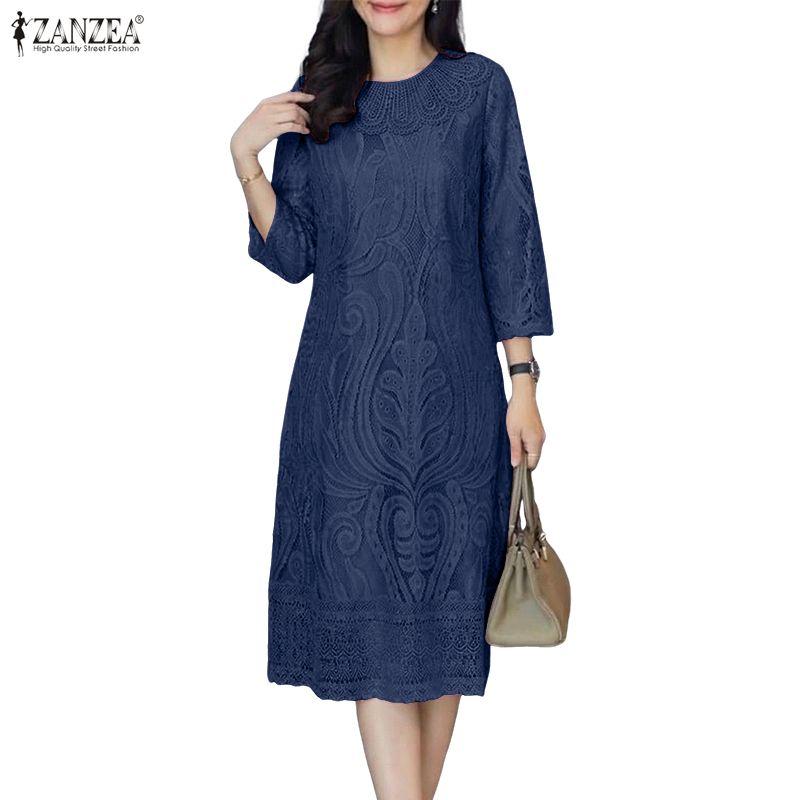 ZANZEA Women Casual Round Neck 3/4 Sleeve Patchwork Lace Sheath Dress