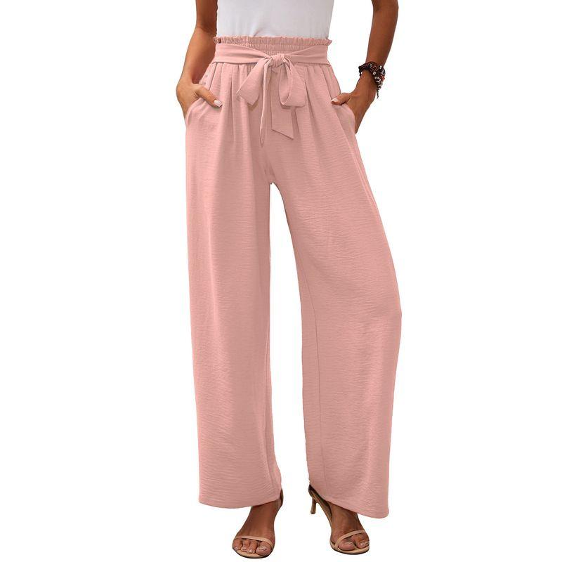 Solid Color Elastic Waistband Tied Pants Solid Elastic Waist Tether Pants Women