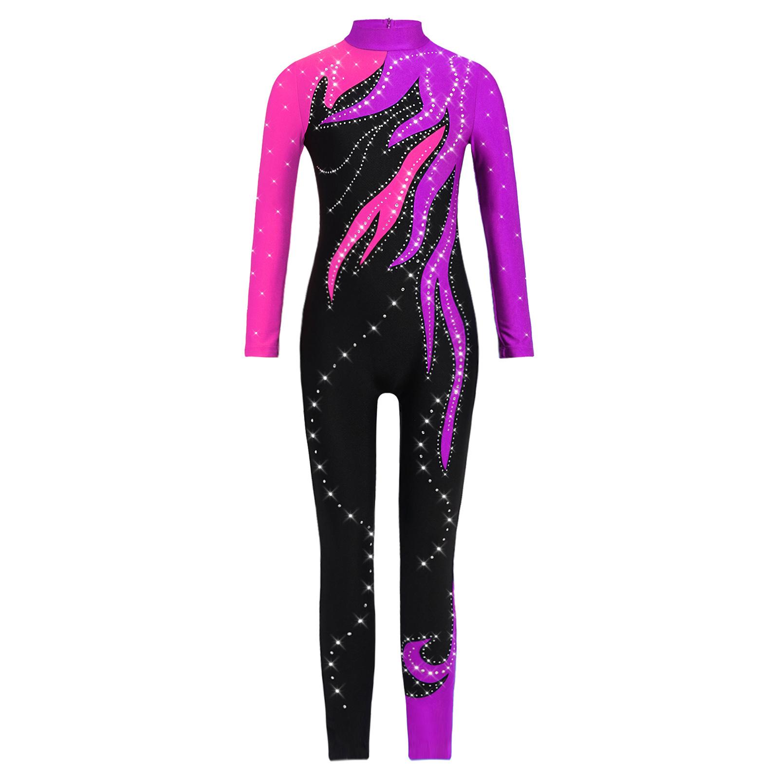 

Дівчачий кольоровий гімнастичний комбінезон з імітацією горловини, довгим рукавом, блискучими стразами, боді, леотард на все тіло 7-8 Years