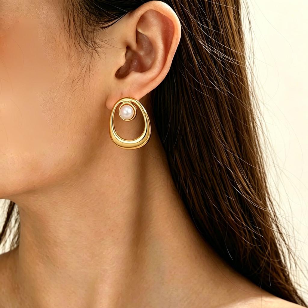 European and American style earrings, geometric oval inlaid pearl hollow design stud earrings versatile niche earrings women