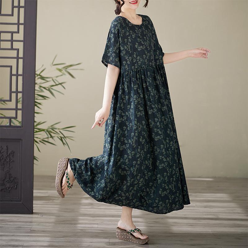 DIMANAF 2025 Summer Plus Size Dress Basic Women Casual Loose Vintage Oversized Printing New Long O-Neck Dress