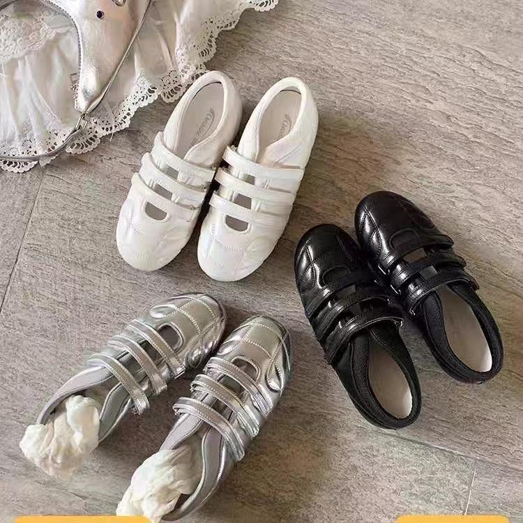 Silver single shoes women's 2025 new sports style Mary Jane white flat sheepskin Velcro bowling ballet shoes