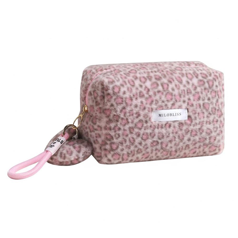 Fashion Fuzzy Makeup Bag Large Capacity Leopard Print Cosmetic Bag Portable Soft Travel Bag Cosmetic Storage