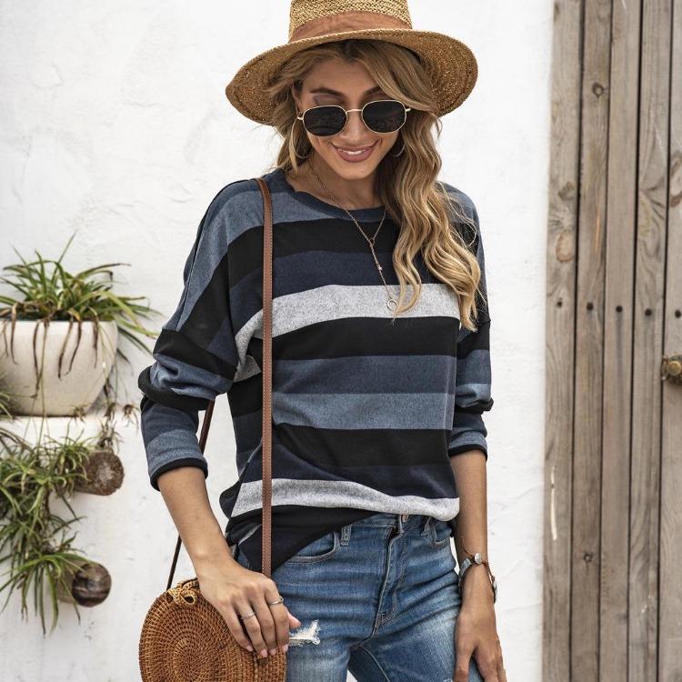 Oversize Women Loose Stripe Sweatshirt Sweater Round Neck Tshirt