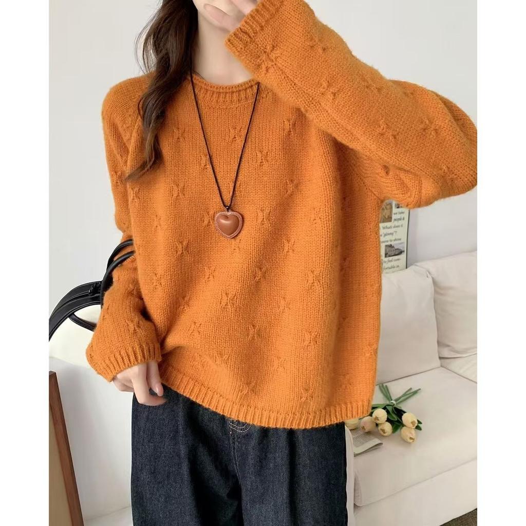 Korean high-end three-dimensional crochet crew neck pullover women's new loose and lazy style