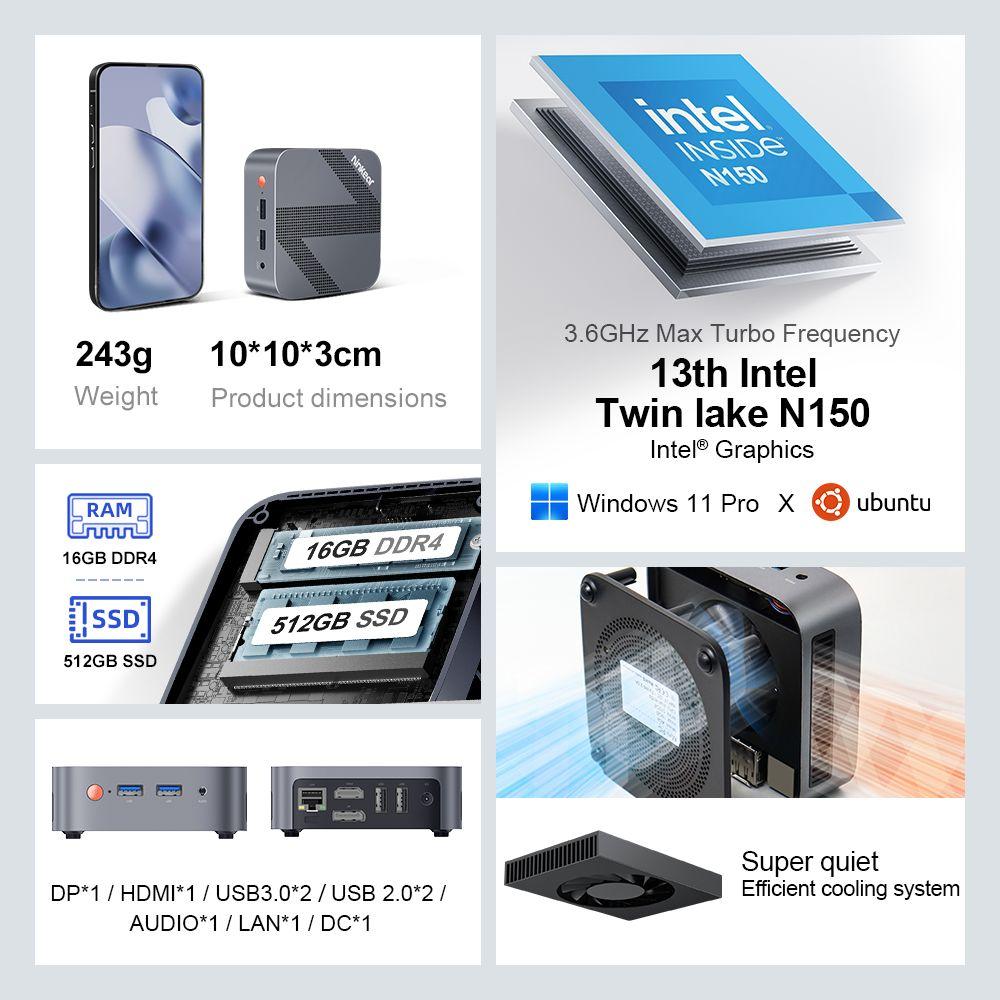 Ninkear MBOX 11 Mini PC, Intel Twin Lake N150 4 Cores Max 3.6GHz, 16GB RAM 512GB SSD, HDMI2.0 + DP1.4 (4K@60Hz) Dual Screen Display