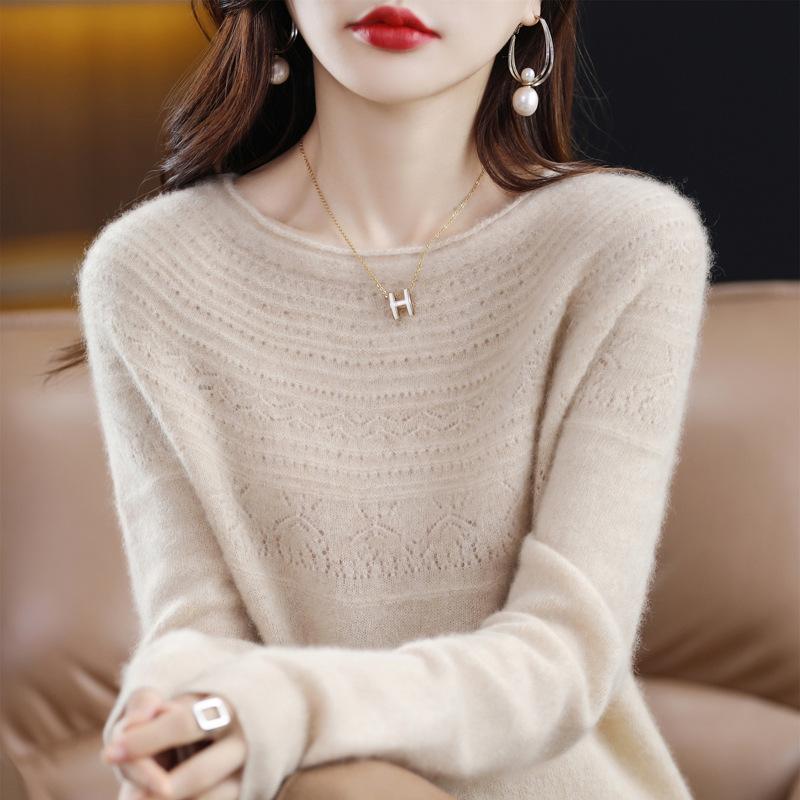 One-line Ready-to-wear Rolled Round Neck Hollow Cardigan for Women In Autumn and Winter Loose and Versatile Cashmere Knitted Base Shirt Top