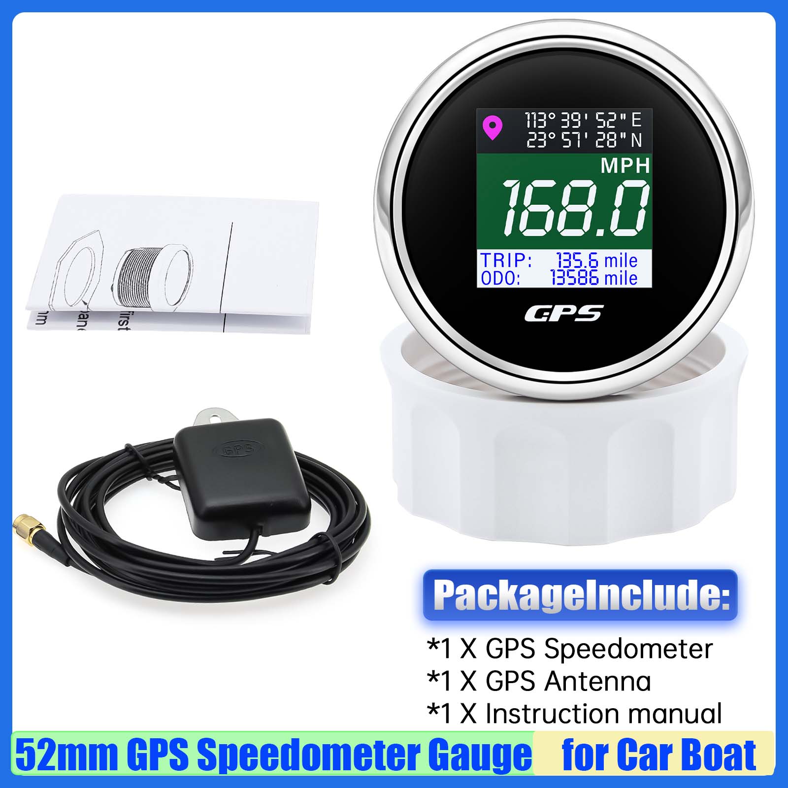 Digital 52mm GPS Speedometer Gauge with GPS Antenna 0-999 KMH,MPH,Knots Unit TFT Screen Trip ODO Odometer for Car Boat Yacht BS