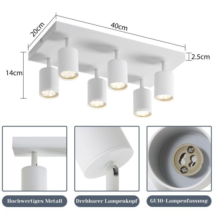 Plafonnier LED - NETTLIFE - 6 ampoules - GU10 - Blanc - Métal