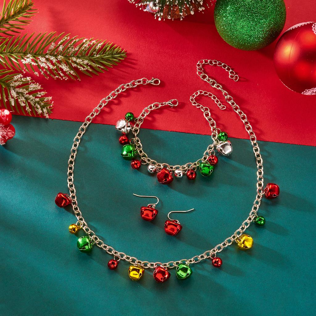 Creative Christmas Red Green Bells Jewelry Set For Women Girl Exaggerate Bell Beaded Necklace Bracelet Earrings Festival Jewelry
