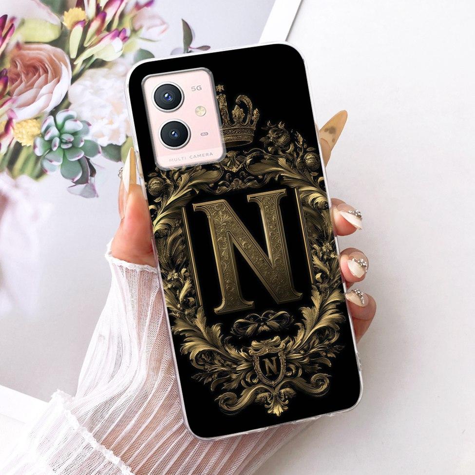 For Vivo Y33s 5G Case Cover Transparent Luxury Crown A-Z Letters 2D Flat Pattern Soft Phone Case For Vivo V2166A