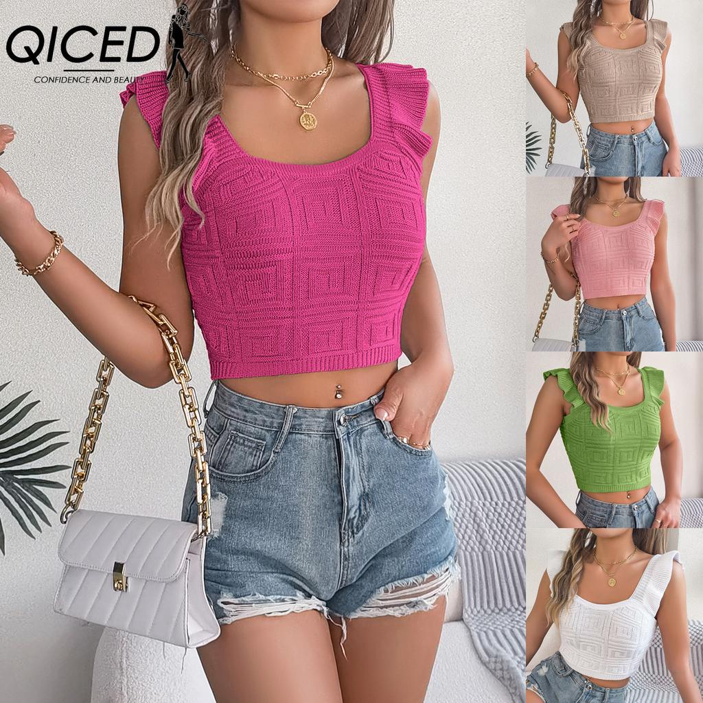 QICED Spring Summer Solid Color Square Neck Black Ear-trimmed Sleeveless Knitted Sweater Crop Top Women's Clothing