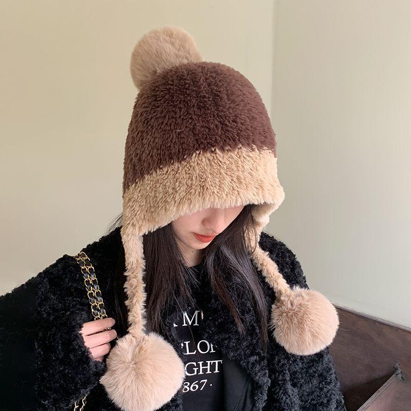 

Fur Ball Knitted Hat for Women Fashionable and Versatile Face Showing Small Plus Velvet Thickened Warm and Ear Protecting Plush Hat One Size