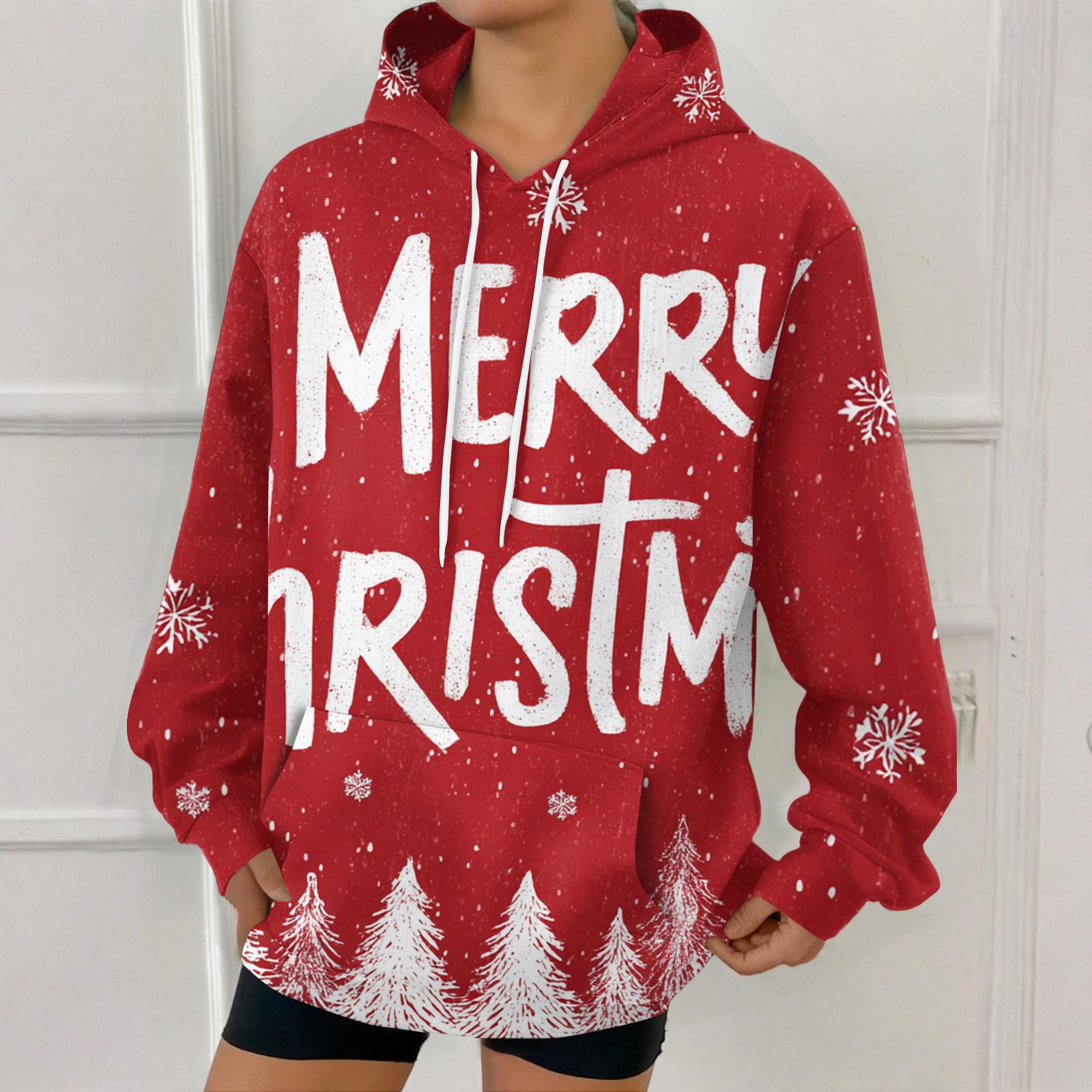 

Женская модная толстовка с рождественским принтом, повседневная толстовка с капюшоном и карманами M киноварь