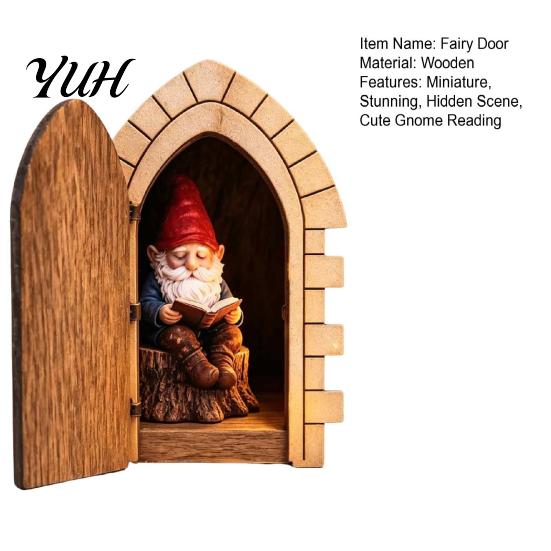 Christmas Holiday Wall Decorations Opening Fairy Door with Hidden Gnome Scene, Miniature Wooden Decor, Small for Baseboards 2D Flat Reading