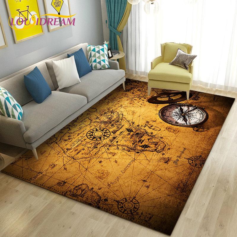 Alfombra retro con diseño de mapa del mundo vintage y brújula, para sala de estar, dormitorio, sofá, decoración, alfombra antideslizante para el suelo