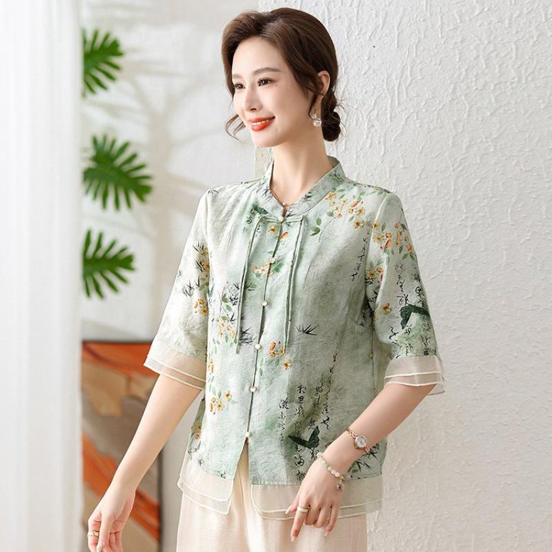 

Футболка в западном стиле с короткими рукавами для женщин среднего и пожилого возраста, летний топ в китайском стиле в национальном стиле M зелёный