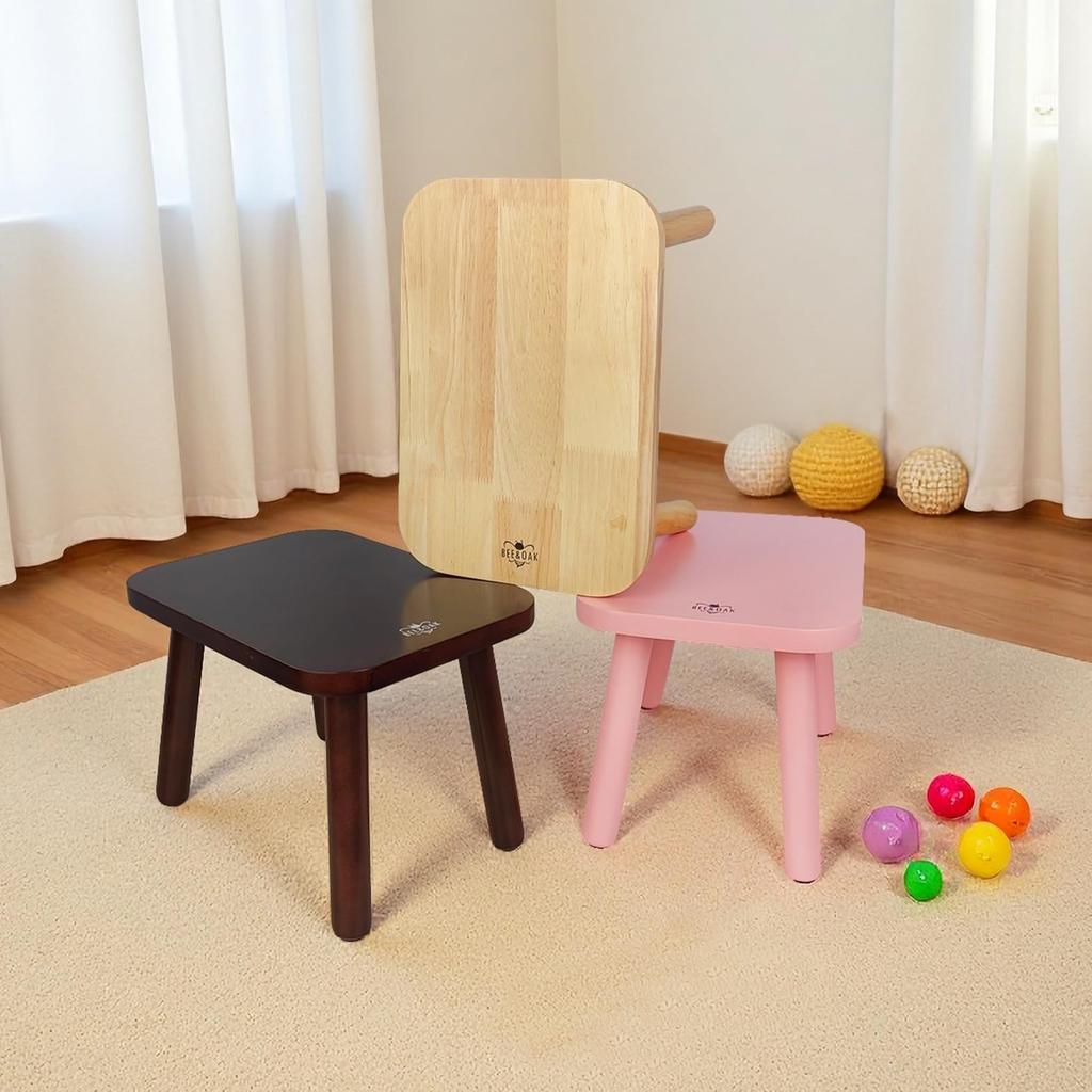BEE&OAK Wooden Stool for Adults and Children, Solid Rubberwood Small Stool, Stylish Colors, Perfect for Bedroom, Bathroom, Kitchen, Plant Stand, Squar