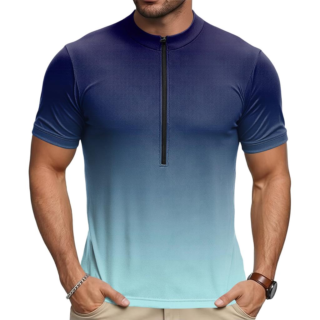 Men’s Crew Neck Gradient Print Zip Breathable Quick Dry Short Sleeve Cycling Jersey for Outdoor Sports Riding
