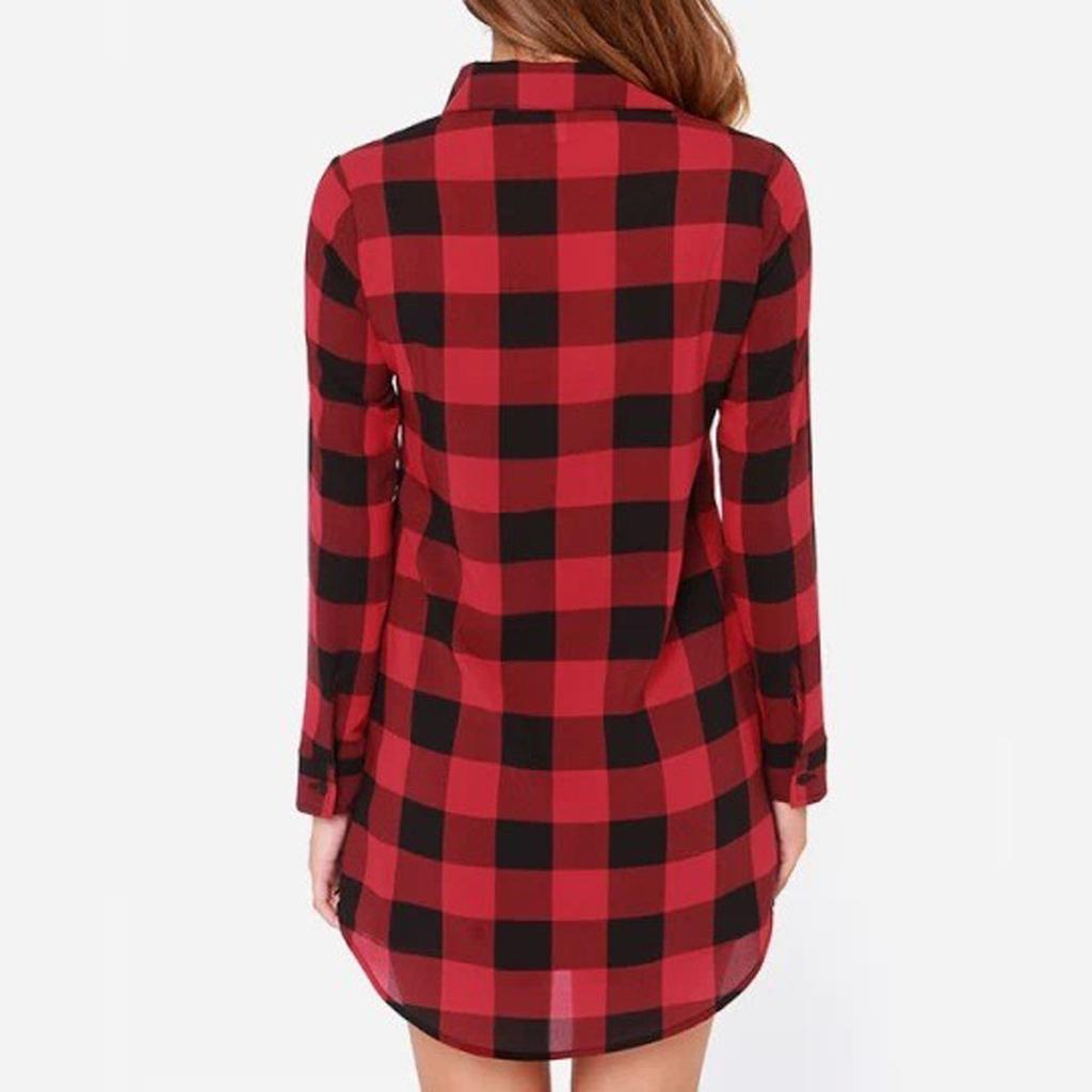 Women Blouses Tops Plaid Long Sleeve Collar Neck Casual Button Down Dress