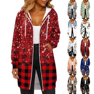 Jaqueta Moletom Casual Feminina Estampada Fashion de Manga Comprida com Capuz e Cordão, Bolso com Zíper