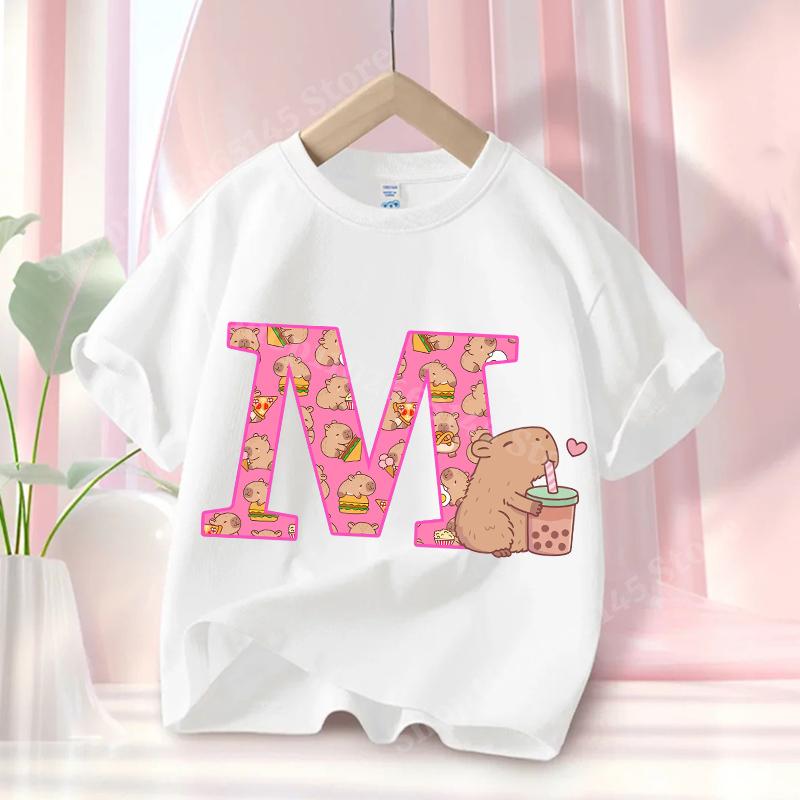 Capibara Cute T-shirt Kids Anime Capybara Letter A-Z Tees Girls Summer Short Sleeve Cotton Tops Children Clothes Gift Hot Sales
