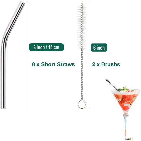 8 Pack 6 Inch Short Bent Metal Cocktails Straws, Reble Stainless Steel Smoothie Drinking Straws with Cleaning Brush for Coffee Mugs, Small Glasses or