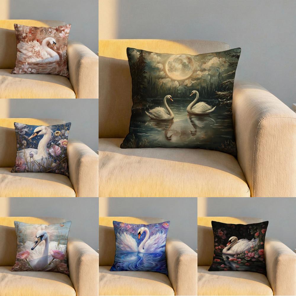 Elegant Swan Floral Cushion Cover Soft Reversible Durable Pillow Cover MultiScene Use for Home Car Daily Comfort