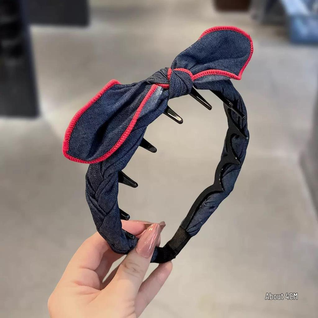 Korean Plaid Navy Bow Headband with Non-Slip Teeth for Women