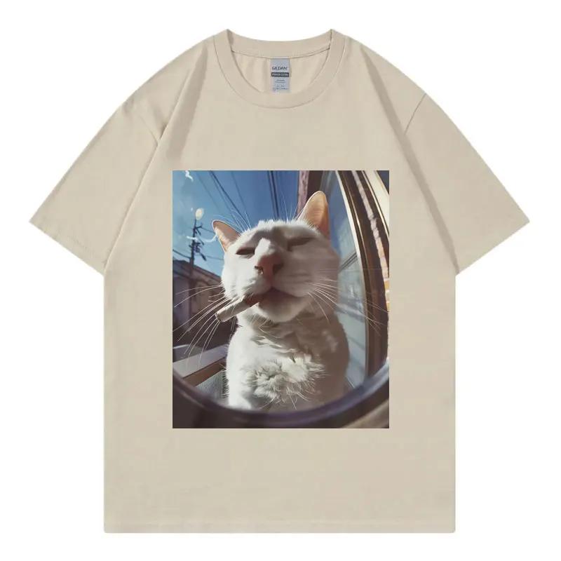 Funny smoking cat face graphic Tshirt for Women featuring Hayaiku style Y2K casual shortsleeve Tshirt streetwear