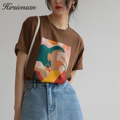 Hirsionsan Aesthetic Printed T Shirts Women New Soft Vintage Loose Tees Abstract Graphic Cotton Tshirts Summer Casual Tops