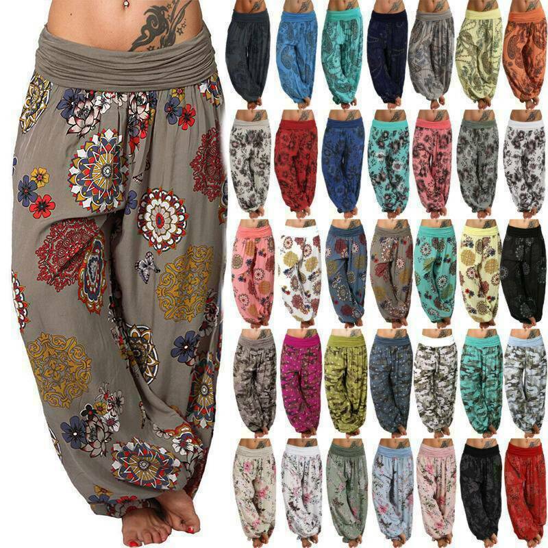 Women's High Waist Printed Harem Pants Loose Wide Leg Long Trousers Elastic Fold Waist Casual Bohemian Digital Print Baggy Pants