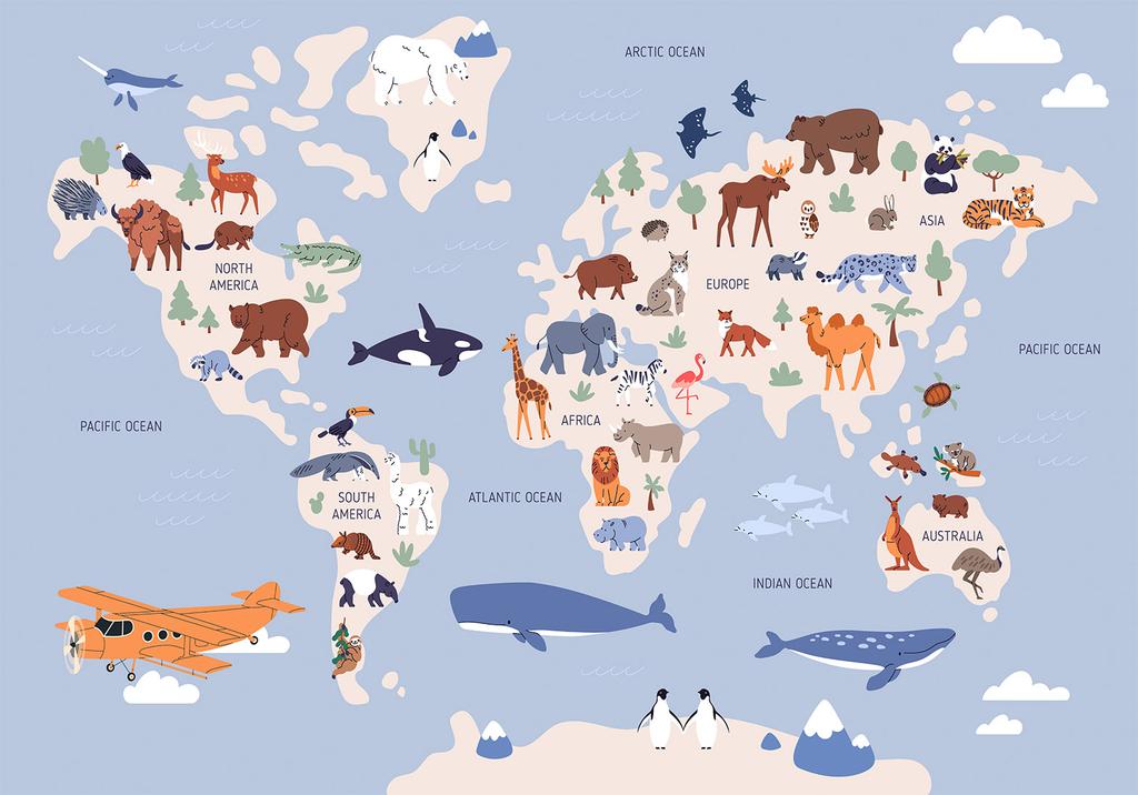 Wallpaper - World Map with Animal Illustrations